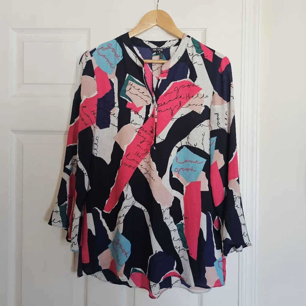 NIC+ZOE Womens Navy Printed Split Wear To Work Blouse Small - Picture 3 of 9